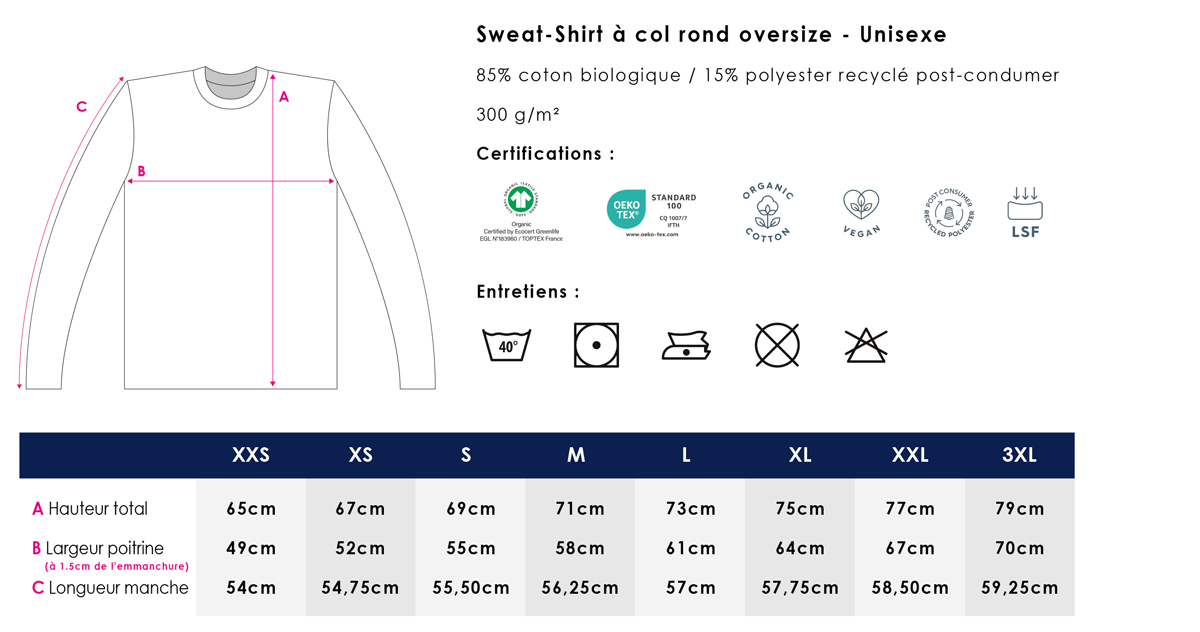 Guide des tailles sweat unisexe