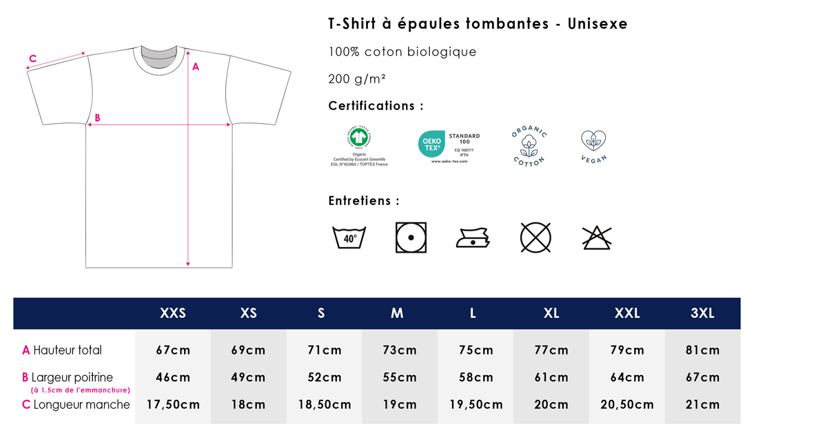 Guide des tailles t-shirt unisexe