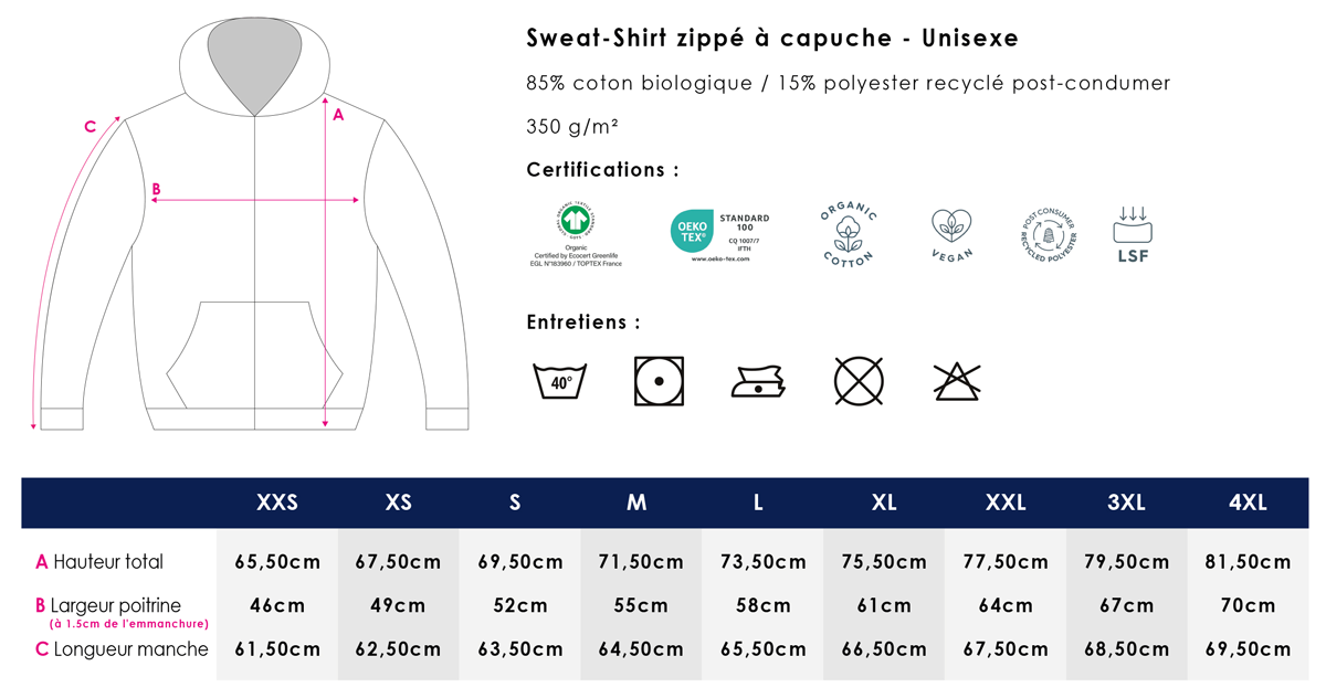 Guide des tailles veste à capuche zippée